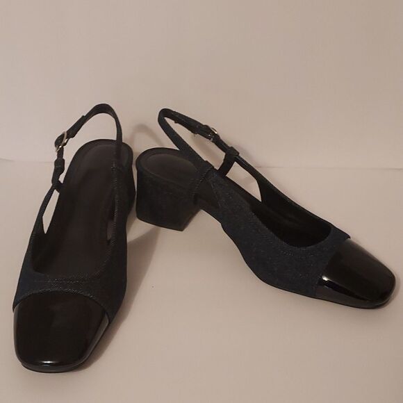 Spectator Pump Blue Denim and Black Patent Slingback block heel Size 7 - Picture 3 of 16